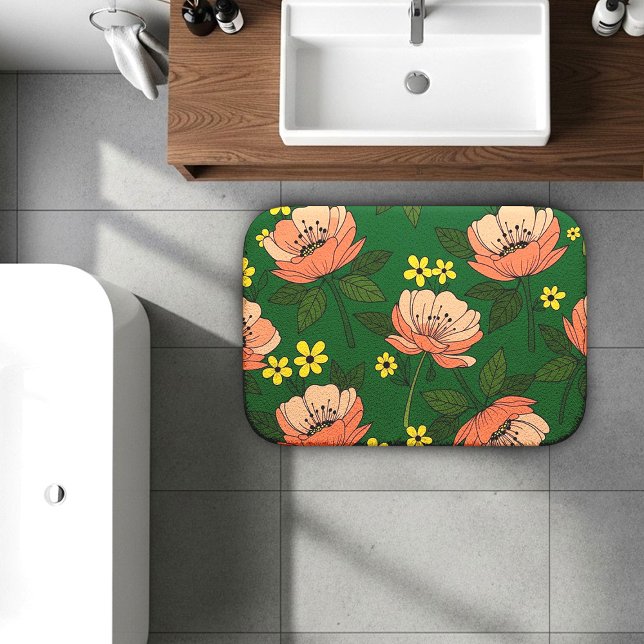 Bold Emerald Green and Peach Modern Floral Pattern Bath Mat (Creator Uploaded)