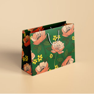 Bold Emerald Green and Peach Modern Floral Pattern Large Gift Bag