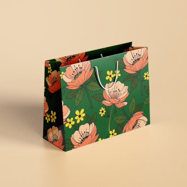 Bold Emerald Green and Peach Modern Floral Pattern Large Gift Bag (Creator Uploaded)