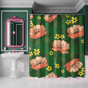 Bold Emerald Green and Peach Modern Floral Pattern Shower Curtain