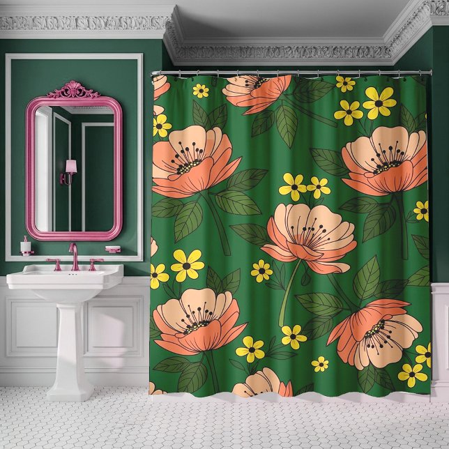 Bold Emerald Green and Peach Modern Floral Pattern Shower Curtain (Creator Uploaded)