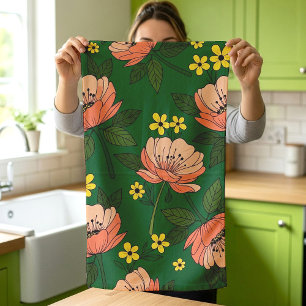 Bold Emerald Green and Peach Modern Floral Pattern Tea Towel
