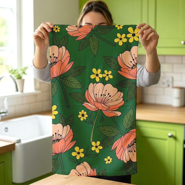 Bold Emerald Green and Peach Modern Floral Pattern Tea Towel (Creator Uploaded)