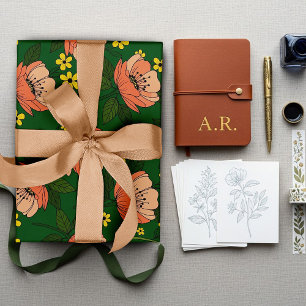 Bold Emerald Green and Peach Modern Floral Pattern Wrapping Paper
