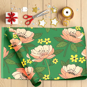Bold Emerald Green and Peach Modern Floral Pattern Wrapping Paper Sheet