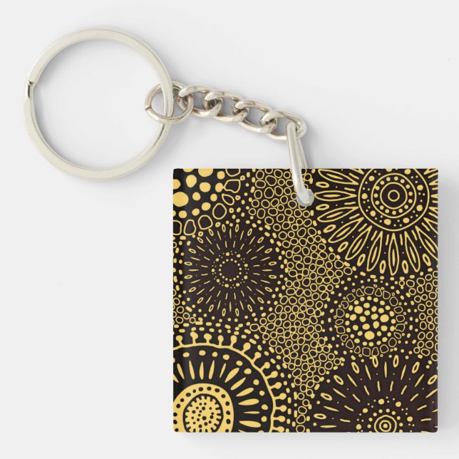 Bold Ethnic Floral Black Gold Acrylic Keychain (Front)