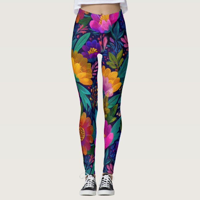 Bold Exotic Flower Blossoms Stylish& Chic Floral Leggings (Front)