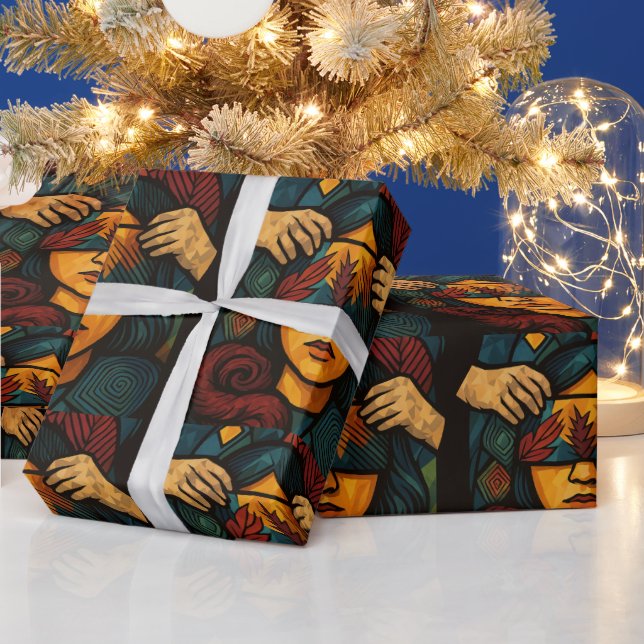 Bold, faceless figure with hands wrapping paper (Holidays)