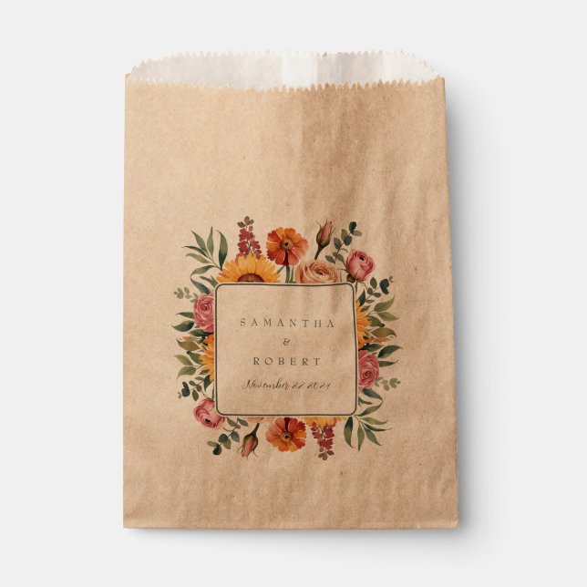 Bold Fall Floral Border Autumn Wedding Favour Bags (Front)