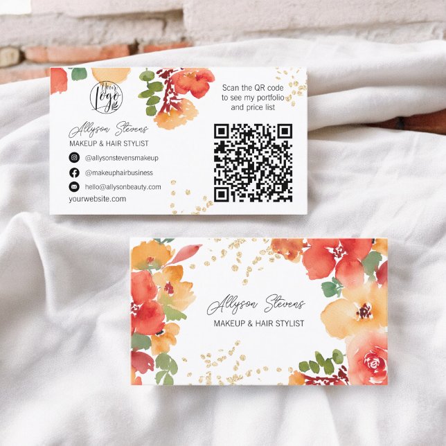 Bold fall floral gold makeup hair logo qr code business card (Bold fall floral gold makeup hair logo qr code business card on white)