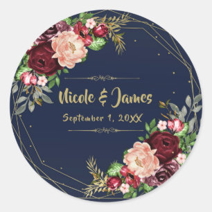 Bold Fall Floral Navy Blue Gold & Burgundy Wedding Classic Round Sticker
