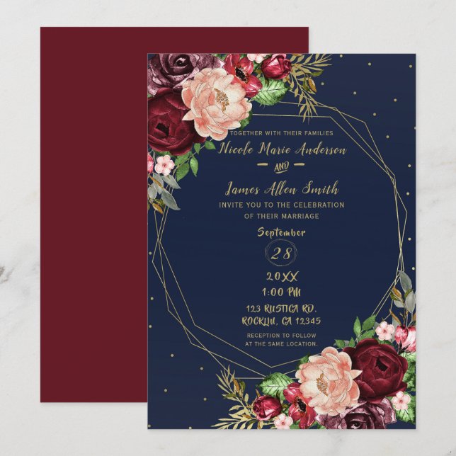 Bold Fall Floral Navy Blue Gold & Burgundy Wedding Invitation (Front/Back)