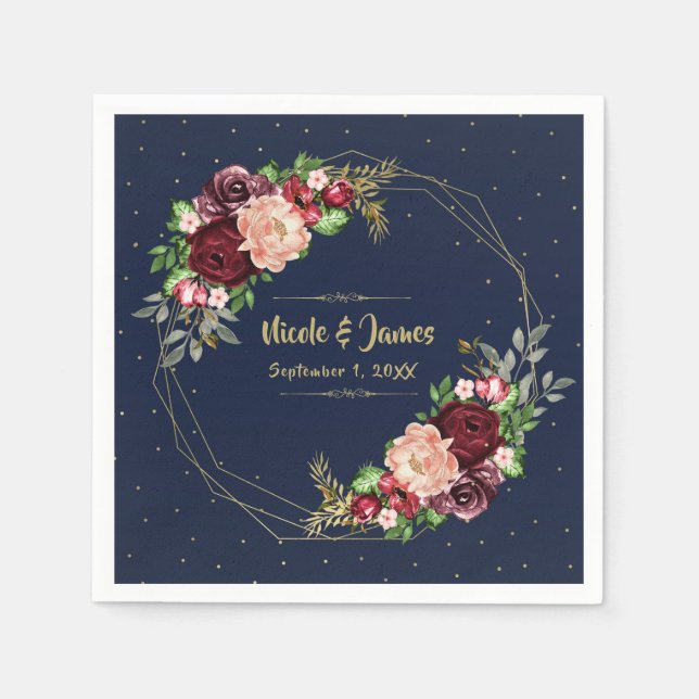 Bold Fall Floral Navy Blue Gold & Burgundy Wedding Napkin (Front)