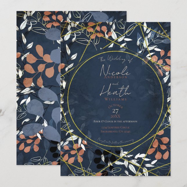 Bold Fall Floral Terracotta Blue Gold Wedding   Invitation (Front/Back)