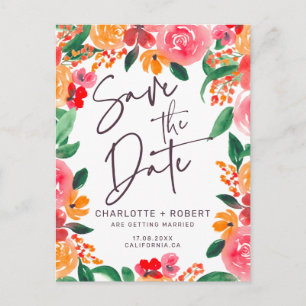 Bold fall red  pink floral wedding save the date announcement postcard