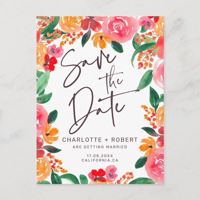 Bold fall red  pink floral wedding save the date announcement postcard (Front)