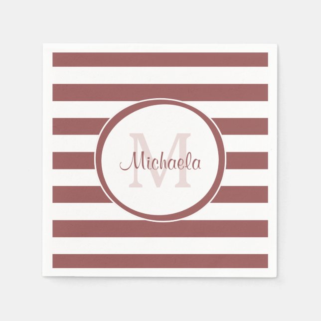 Bold Fat Terracotta Red Stripes Name and Monogram Napkin (Front)