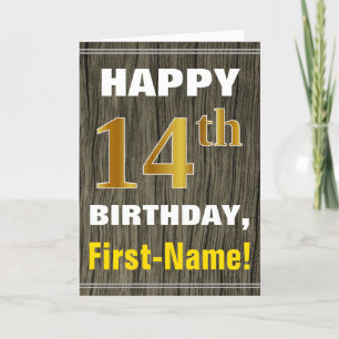 Bold, Faux Wood, Faux Gold 14th Birthday + Name Card