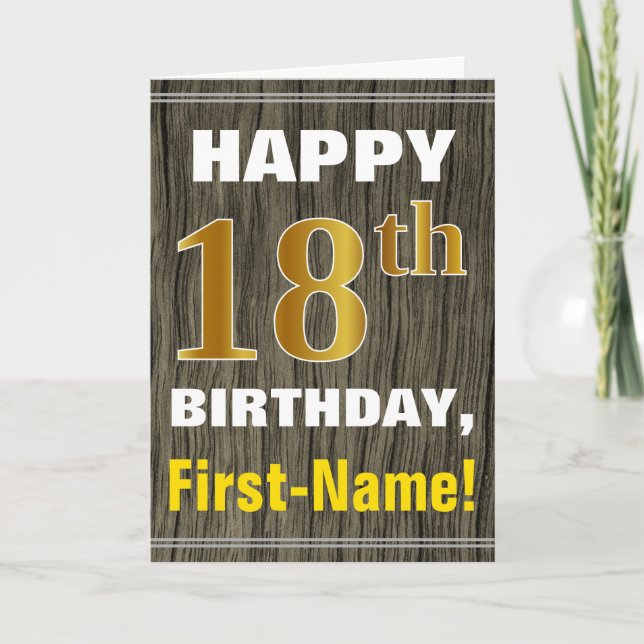 Bold, Faux Wood, Faux Gold 18th Birthday + Name Card (Front)
