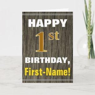 Bold, Faux Wood, Faux Gold 1st Birthday + Name Card