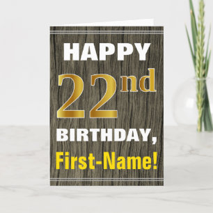 Bold, Faux Wood, Faux Gold 22nd Birthday + Name Card