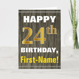 Bold, Faux Wood, Faux Gold 24th Birthday + Name Card