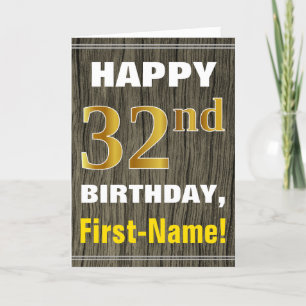 Bold, Faux Wood, Faux Gold 32nd Birthday + Name Card