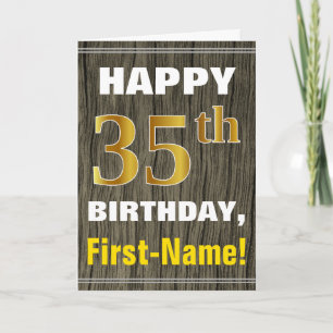 Bold, Faux Wood, Faux Gold 35th Birthday + Name Card