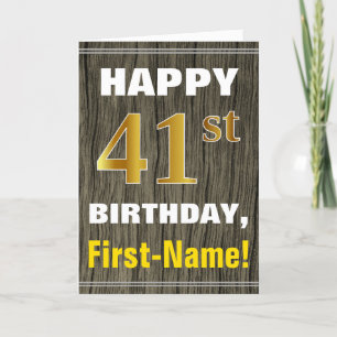 Bold, Faux Wood, Faux Gold 41st Birthday + Name Card