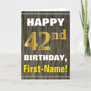 Bold, Faux Wood, Faux Gold 42nd Birthday + Name Card