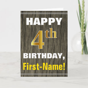 Bold, Faux Wood, Faux Gold 4th Birthday + Name Card