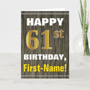 Bold, Faux Wood, Faux Gold 61st Birthday + Name Card