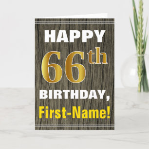 Bold, Faux Wood, Faux Gold 66th Birthday + Name Card