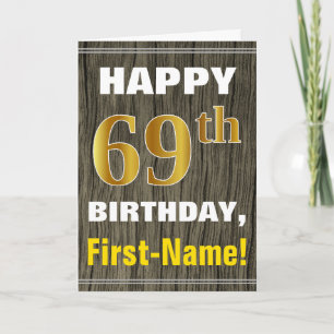Bold, Faux Wood, Faux Gold 69th Birthday + Name Card