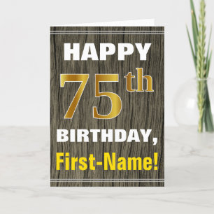 Bold, Faux Wood, Faux Gold 75th Birthday + Name Card