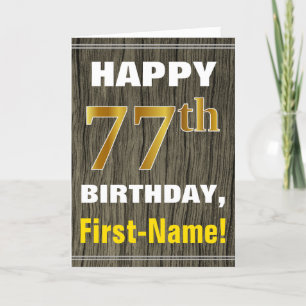 Bold, Faux Wood, Faux Gold 77th Birthday + Name Card