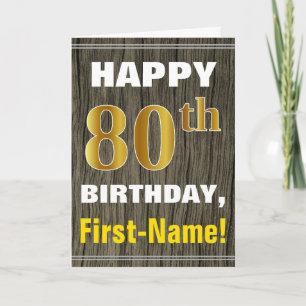 Bold, Faux Wood, Faux Gold 80th Birthday + Name Card
