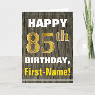 Bold, Faux Wood, Faux Gold 85th Birthday + Name Card