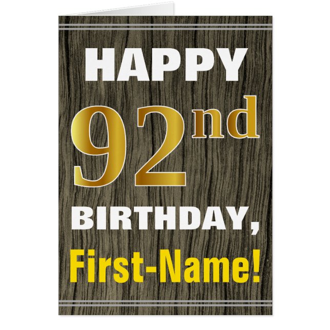 Bold, Faux Wood, Faux Gold 92nd Birthday + Name (Front)