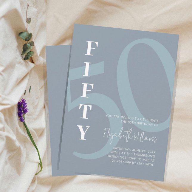 Bold Fifty Birthday | Dusty Blue Modern Birthday Invitation (Creator Uploaded)