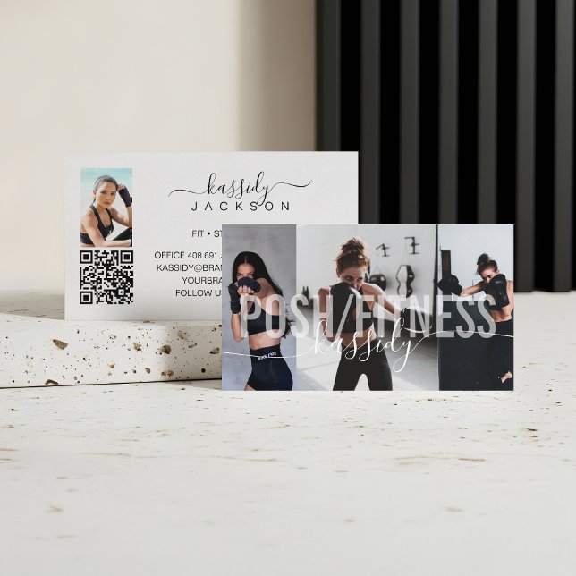 Bold Fitness Trainer Photo Collage Script Name QR Business Card (Bold Fitness Trainer Photo Collage Script Name QR Business Card)