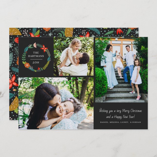 Bold Floral and Pine Wreath 3 Photo Collage Holiday Card (Front/Back)