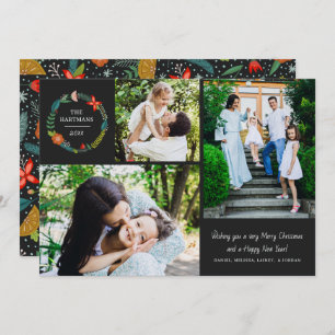 Bold Floral and Pine Wreath 3 Photo Collage Holiday Card