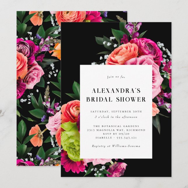 Bold Floral | Black and Magenta Pink Bridal Shower Invitation (Front/Back)