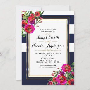 Bold Floral Blue & Gold Elegant Modern Wedding Invitation