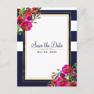 Bold Floral Blue & Gold Elegant Save the Date Announcement Postcard