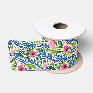 Bold Floral Blue Pink Green Maximalist Pattern Satin Ribbon