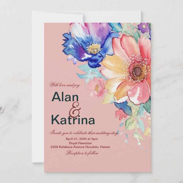 Bold Floral Blush Coral Pink Wedding  Invitation (Front)