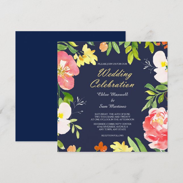 Bold Floral Border on Navy Blue Wedding Invitation (Front/Back)