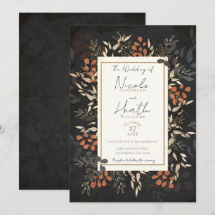 Bold Floral Botanical Leaves Grey Gold Wedding Invitation